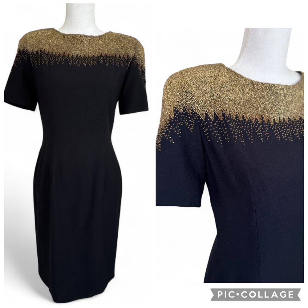 Retro Glam Vintage Little Black Dress Gold Bead Detailing Oleg Cassini Black Tie